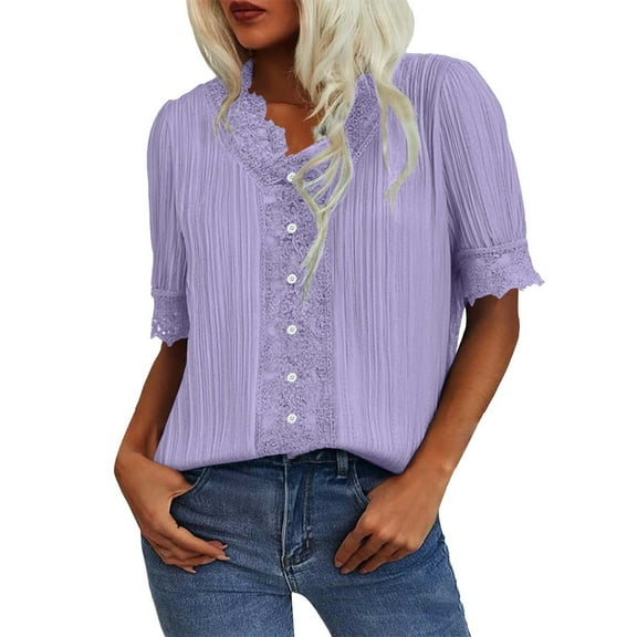 Endives Women's Short Sleeve T-shirt Lace Trim V Neck Shirts Summer Casual Tops 2025 Trendy Boho Blouses Elegant Puff Sleeve T Shirt