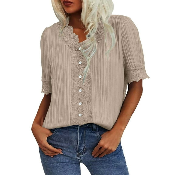 Endives Women's Short Sleeve T-shirt Lace Trim V Neck Shirts Summer Casual Tops 2025 Trendy Boho Blouses Elegant Puff Sleeve T Shirt