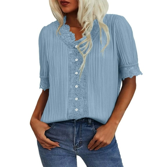 Endives Women's Short Sleeve T-shirt Lace Trim V Neck Shirts Summer Casual Tops 2025 Trendy Boho Blouses Elegant Puff Sleeve T Shirt