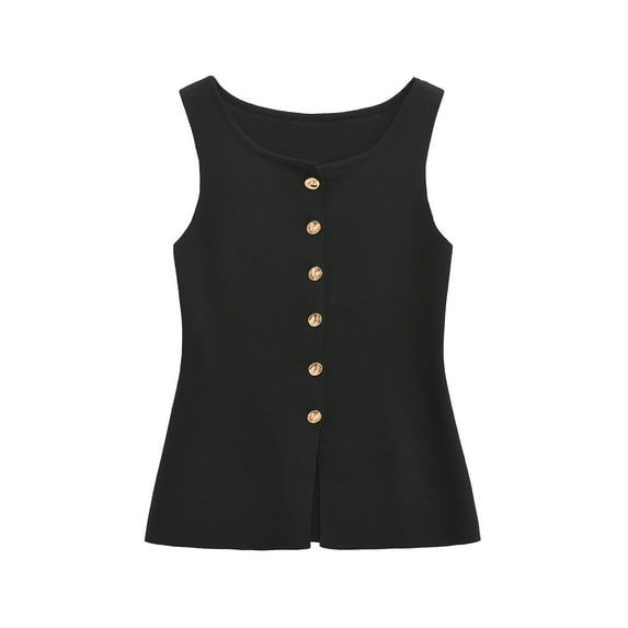 Endives Women's Short Sleeve T-shirt Lined Sleeveless Suit Vest 5 Button V Neck Fashion Waistcoat