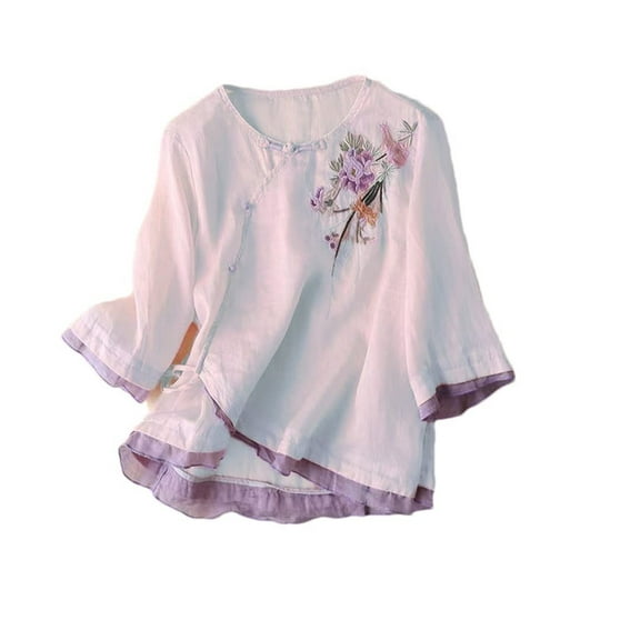 Endives Women's Short Sleeve T-shirt Linen T-shirt Summer Blouses Traditional Mandarin Embroidered Shirts