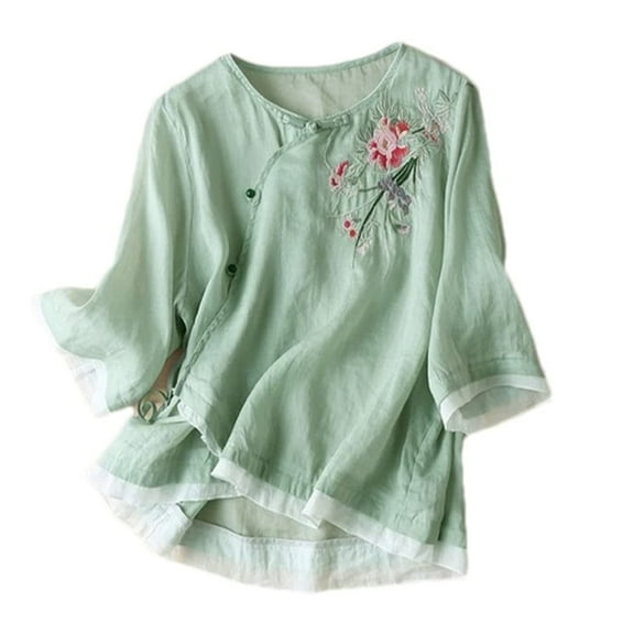 Endives Women's Short Sleeve T-shirt Linen T-shirt Summer Blouses Traditional Mandarin Embroidered Shirts