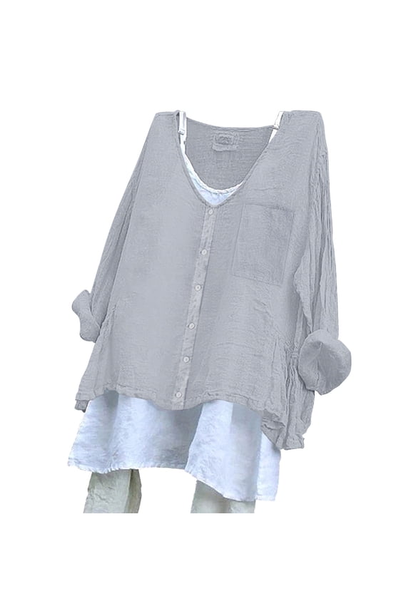 Women's Short Sleeve T-shirt Solid Color Loose Plus Size Cotton Linen Shirt Button (Excluding the Lining)