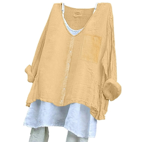 Endives Women's Short Sleeve T-shirt Solid Color Loose Plus Size Cotton Linen Shirt Button (Excluding the Lining)