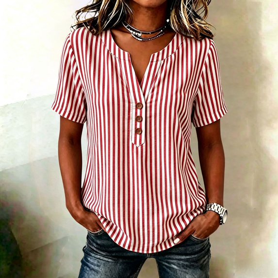 Endives Women's Short Sleeve T-shirt Striped T Shirts Plus Size V Neck Shirt for Women Summer Loose Fit Tops with Button Tshirt Shirts for Women Hot Sale