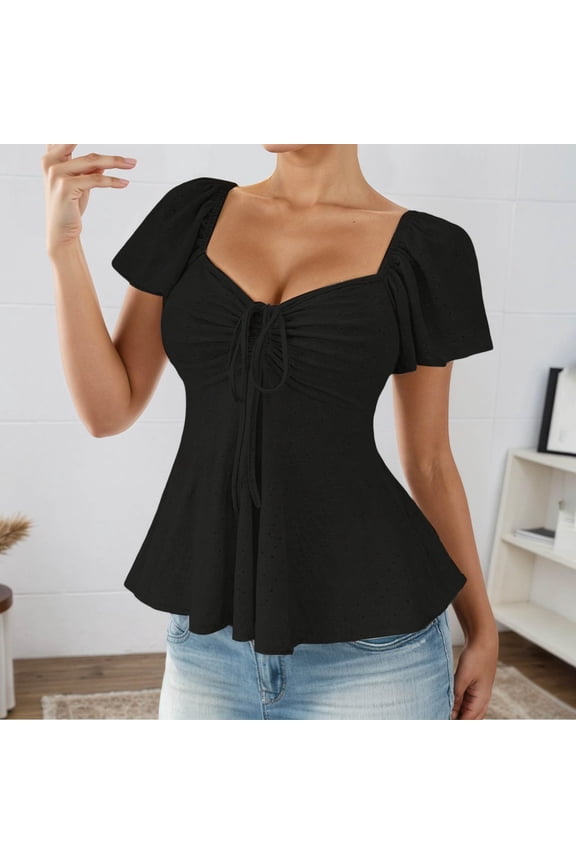 Women's Short Sleeve Tshirt Tie Up Front Blouse Tuck Waist Shirts Tunic Tops Summer Trendy Black