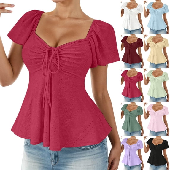Endives Women's Short Sleeve Tshirt Tie Up Front Blouse Tuck Waist Shirts Tunic Tops Summer Trendy Pink