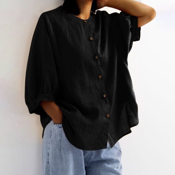 Endives Women's Summer Shirt Solid Color Retro Loose Medium Sleeve Cotton Linen Shirt Womens Blouse Spring Outfit