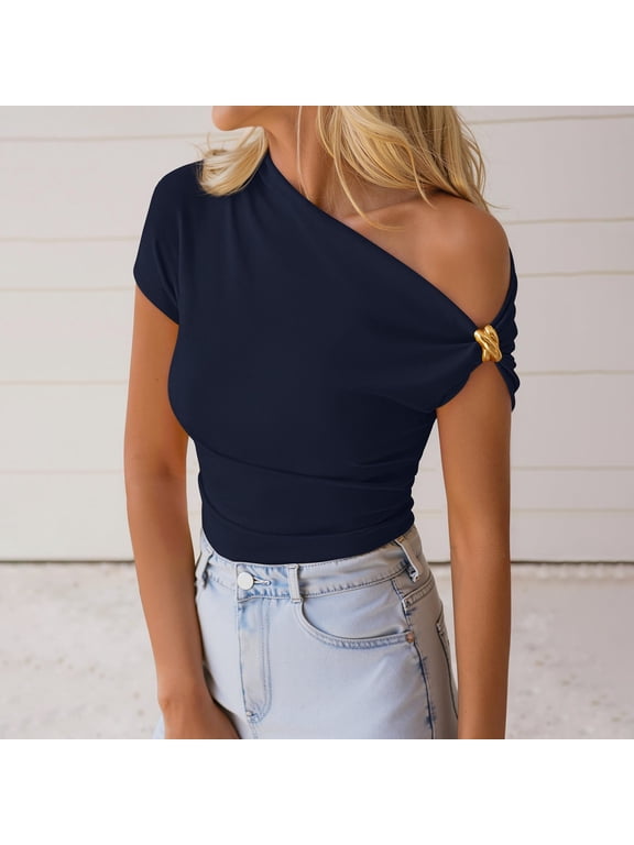 Women's Summer Top Off Shoulder Top for Women Short Sleeve Tshirt Y2K Going Out Shirts Solid Color Tunic Top Crop Top Navy L