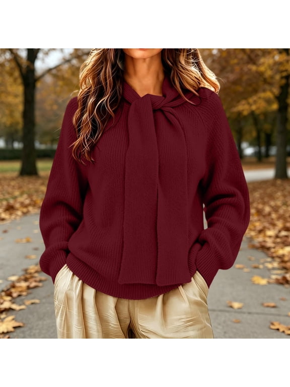 Women's Sweater Bow Tie Neck Ribbed Knit Long Sleeve Loose Pullover Sweater Fall Winter Top L