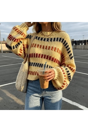 Women's Sweater Chunky Striped Crew Neck Long Sleeve Loose Cropped Knit Pullover Sweater Casual M