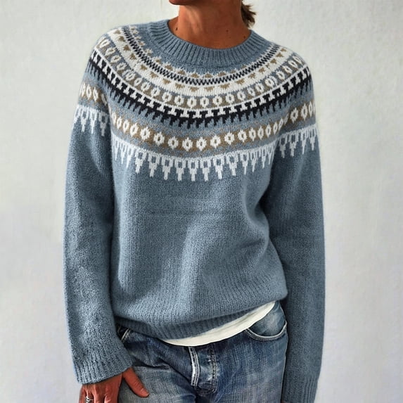 Endives Women's Sweaters Isle Geometric Print Crew Neck Long Sleeve Knit Pullover Sweater Casual Fall Top L