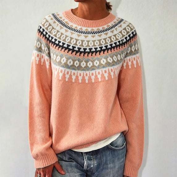 Endives Women's Sweaters Isle Geometric Print Crew Neck Long Sleeve Knit Pullover Sweater Casual Fall Top S