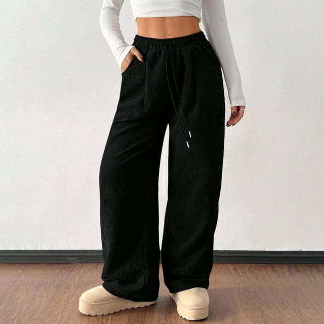 Endives Women's Sweatpant Wide Leg Pants Corduroy High Waist Barrel Pants Comfy Baggy Sweatpants Black