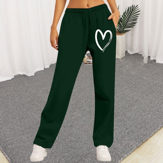 Endives Women's Sweatpants Heart Printed Fleece Lined Casual Sports Loose Plush Pants Straight Leg Pants