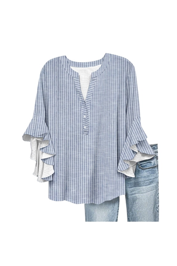 Women's T-shirt Womens Tops 3/4 Length Sleeves Floral Shirts Flowy Ruffle Sleeve Tops Half Button Down Shirt Summer V Neck Blouse