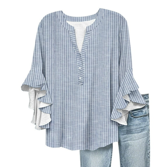 Endives Women's T-shirt Womens Tops 3/4 Length Sleeves Floral Shirts Flowy Ruffle Sleeve Tops Half Button Down Shirt Summer V Neck Blouse