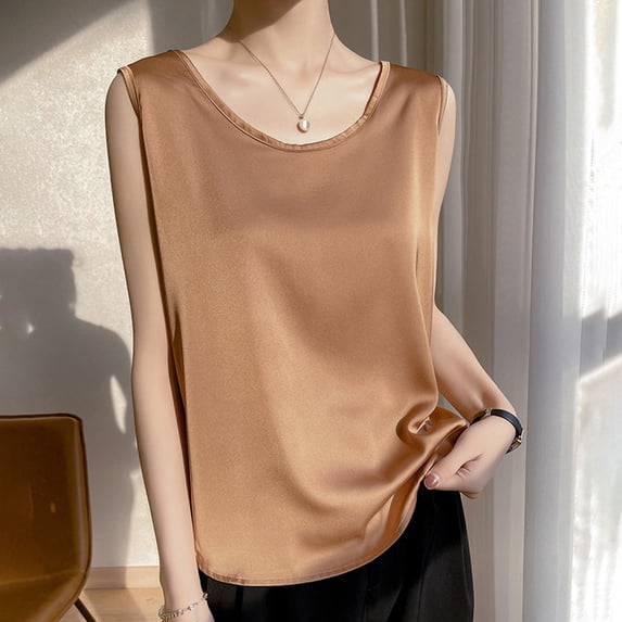 Endives Women's Tank Top Inner Wear Basic Tanks Round Neck Sleeveless Base Layer Camisole Top Khaki