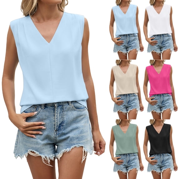 Endives Women's Tank Tops V Neck Pleated Sleeveless Chiffon Blouses Casual Top Basic Work Business Shirt Summer Trendy Sky Blue