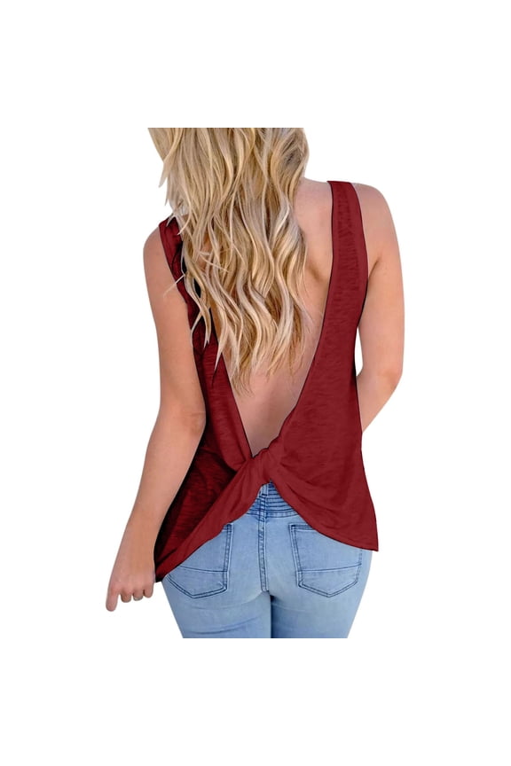 Women's Tanks Tops Cold Shoulder Knot Backless Tank Top Casual Loose Backless T-Shirt