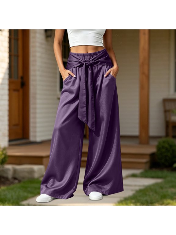 Women's Wide Leg Pant Wrap Tie Front High Waist Pants Elastic Loose Vacation Trousers M
