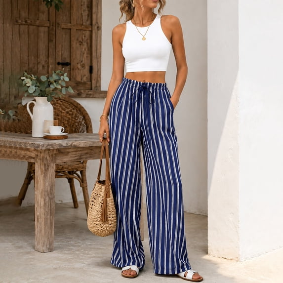 Endives Women's Wide Leg Pants Casual Striped Baggy Trousers Elastic High Waisted Slacks Drawstring Flowy Palazzo Pants for Women With Pocket Beach Vacation Outfits Blue XL
