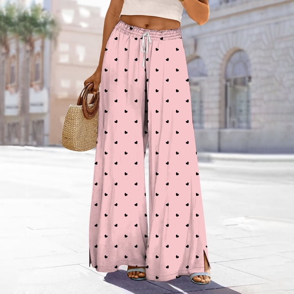 Endives Women's Wide Leg Pants Heart Print Casual Loose Baggy Pants With Pockets Lounge Pants