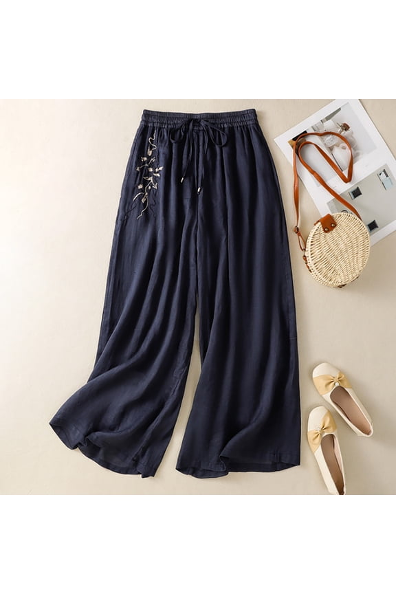 Women's Wide Leg Pants Linen Pant Summer Loose Skirt Pants Retro Thin Elastic Cotton Linen Pant Embroidered Casual Pants Navy