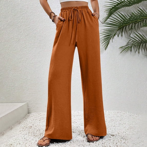 Endives Women's Wide Leg Pants Textured Elastic High Waisted Solid Color Flared Elegant Casual Pants Orange
