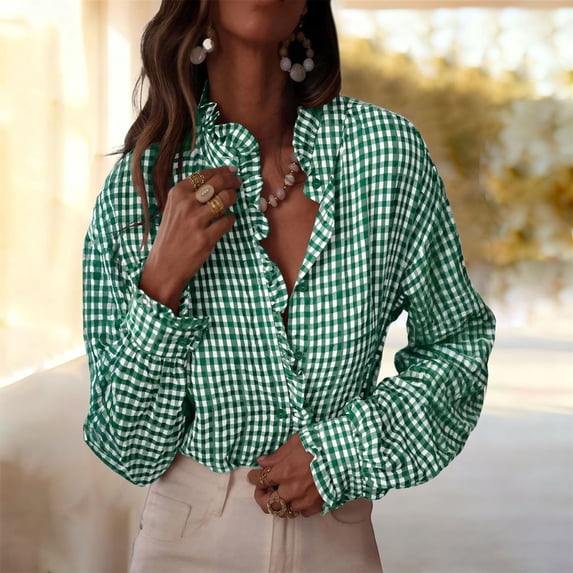 Endives Womens Button Down Blouse Plaid V Neck Casual Long Sleeve Tops Work Checkered Shirt Trendy Spring Outfit