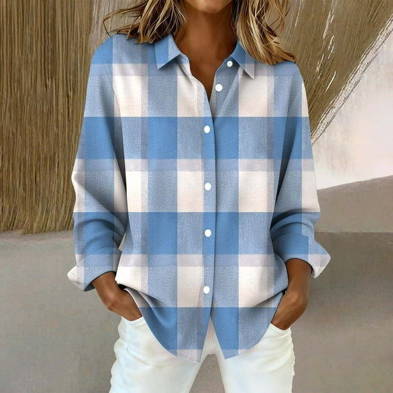 Endives Womens Button Down Shirts Long Sleeve Plaid Prined Casual Blouse Top Womens Shirts