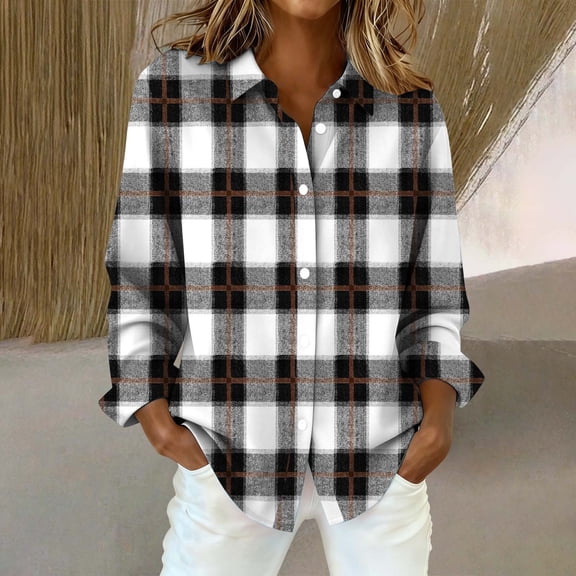 Endives Womens Button Down Shirts Long Sleeve Plaid Prined Casual Blouse Top Womens Shirts