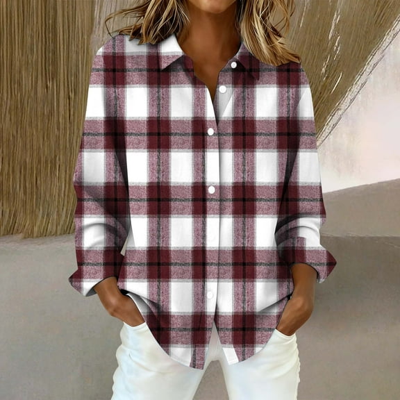 Endives Womens Button Down Shirts Long Sleeve Plaid Prined Casual Blouse Top Womens Shirts