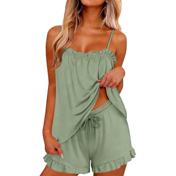 Endives Womens Cami Pajama Sets Home Wear Low Cut Tank Top and Shorts Set Solid Color 2 Piece Pajamas Sets Camisole Lounge Set Sleepwear