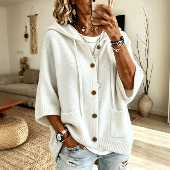 Endives Womens Cardigan Sweaters Hooded 3/4 Length Sleeve Knit Cardigan Button Front Loose Casual Oversized Sweater Coat With Pockets Cardigan Sweaters for Women White XXL