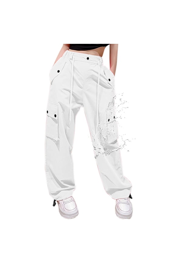 Womens Cargo Pants Parachute Pants Baggy Wide Leg Pant Waterproof With Pockets White