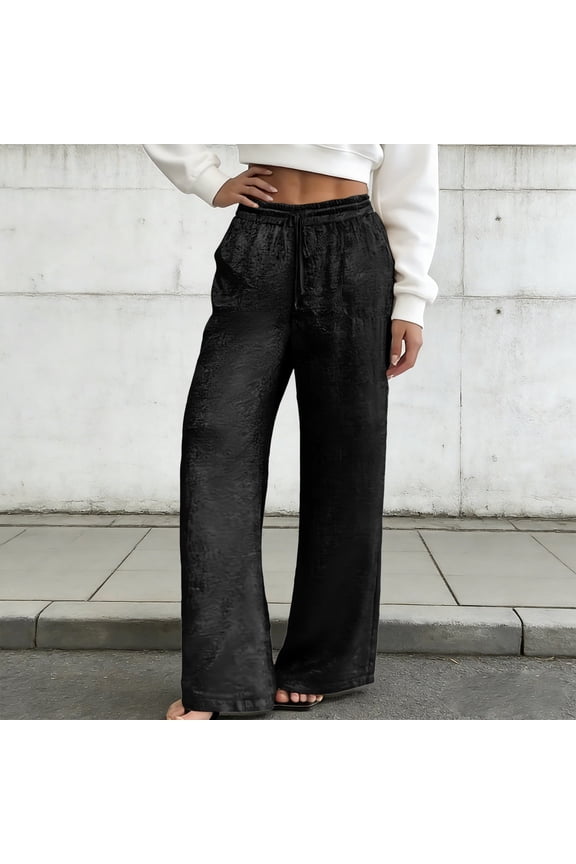 Womens Casual Pant Elastic Tie Up Solid Color Pants Loose Trousers Wide Leg Pant Black