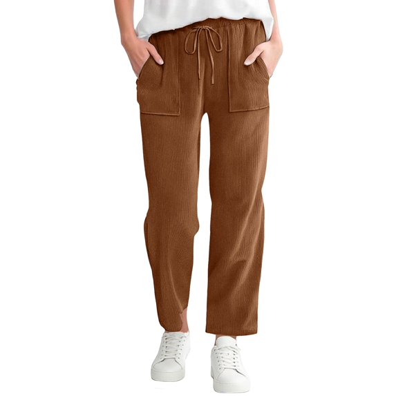 Endives Womens Casual Pant Elastic Waist Straight Leg Pant Solid Color Casual Pants Loose Long Corduroy Pant Brown