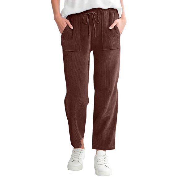 Endives Womens Casual Pant Elastic Waist Straight Leg Pant Solid Color Casual Pants Loose Long Corduroy Pant Coffee