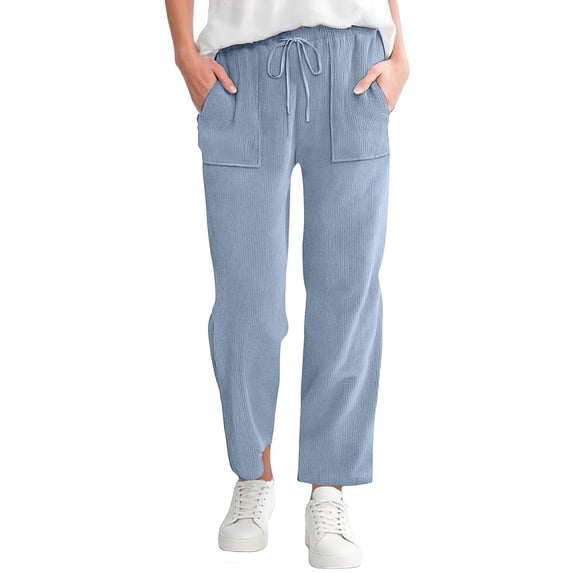 Endives Womens Casual Pant Elastic Waist Straight Leg Pant Solid Color Casual Pants Loose Long Corduroy Pant Light Blue