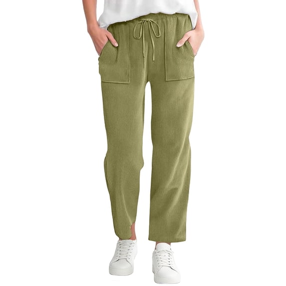 Endives Womens Casual Pant Elastic Waist Straight Leg Pant Solid Color Casual Pants Loose Long Corduroy Pant Light Green