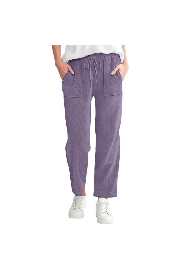 Womens Casual Pant Elastic Waist Straight Leg Pant Solid Color Casual Pants Loose Long Corduroy Pant Purple
