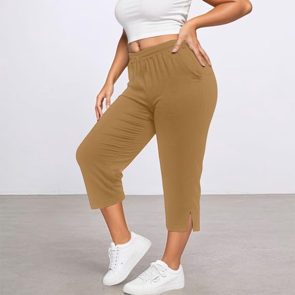 Endives Womens Casual Pants Plus Size Casual Elastic Waist Loose Fit Linen Pant Women With Pockets Activewear S-6XL Khaki