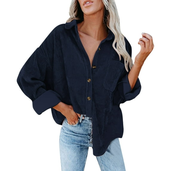 Endives Womens Corduroy Button Down Shirts Casual Long Sleeve Jacket Oversized Boyfriend Blouses Tops with Pockets Shirts for Women