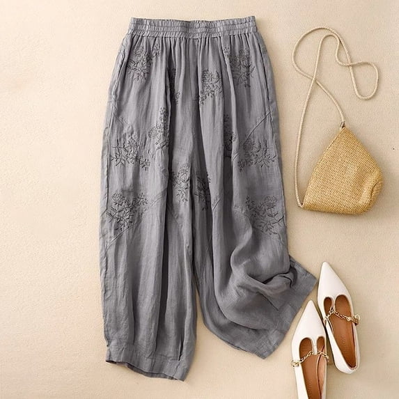 Endives Womens Cotton Linen Pant Embroidered Wide Leg Pants Spring Summer Loose Baggy Casual Pants Trendy Grey