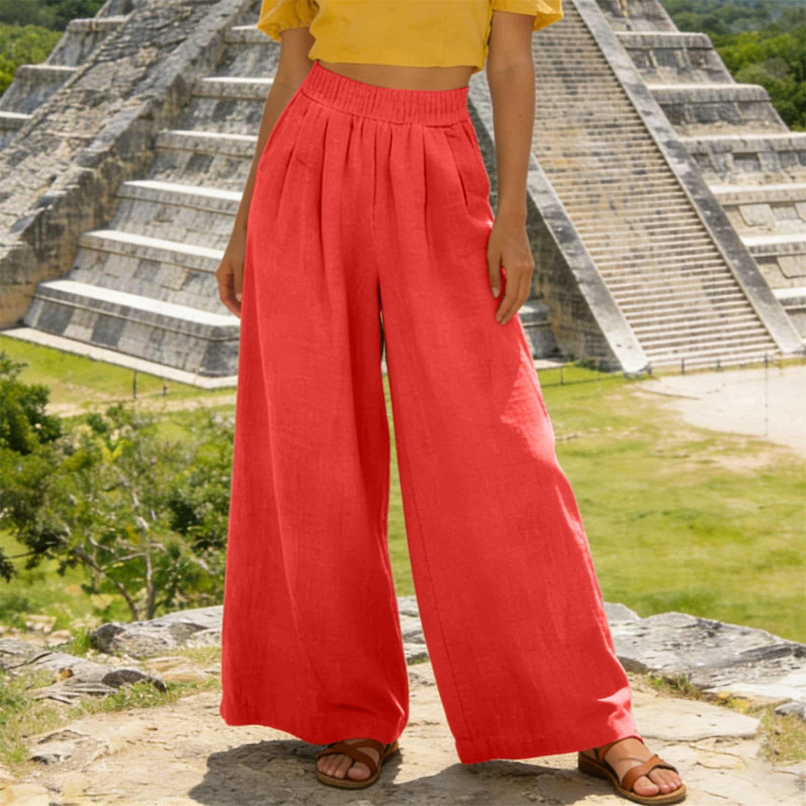 Endives Womens Cotton Linen Pant High Waisted Loose Wide Leg Pants — free download