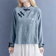 thumbnail image 1 of Endives Womens Cotton Linen Shirt Artistic Retro Embroidered Chinese Style Top Stand Collar Buckle Long Sleeve Shirt Spring Outfit Blue, 1 of 5