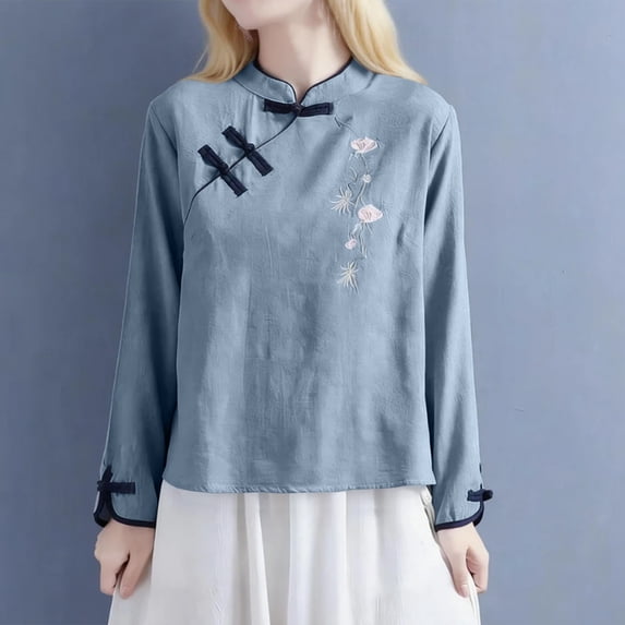 Endives Womens Cotton Linen Shirt Artistic Retro Embroidered Chinese Style Top Stand Collar Buckle Long Sleeve Shirt Spring Outfit Blue