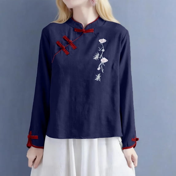 Endives Womens Cotton Linen Shirt Artistic Retro Embroidered Chinese Style Top Stand Collar Buckle Long Sleeve Shirt Spring Outfit Navy