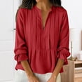 thumbnail image 1 of Endives Womens Cotton Linen Shirt Long Sleeve Shirt Button Down Shirts V Neck Pleated Casual Loose Blouses Roll Up Sleeve Shirt, 1 of 4